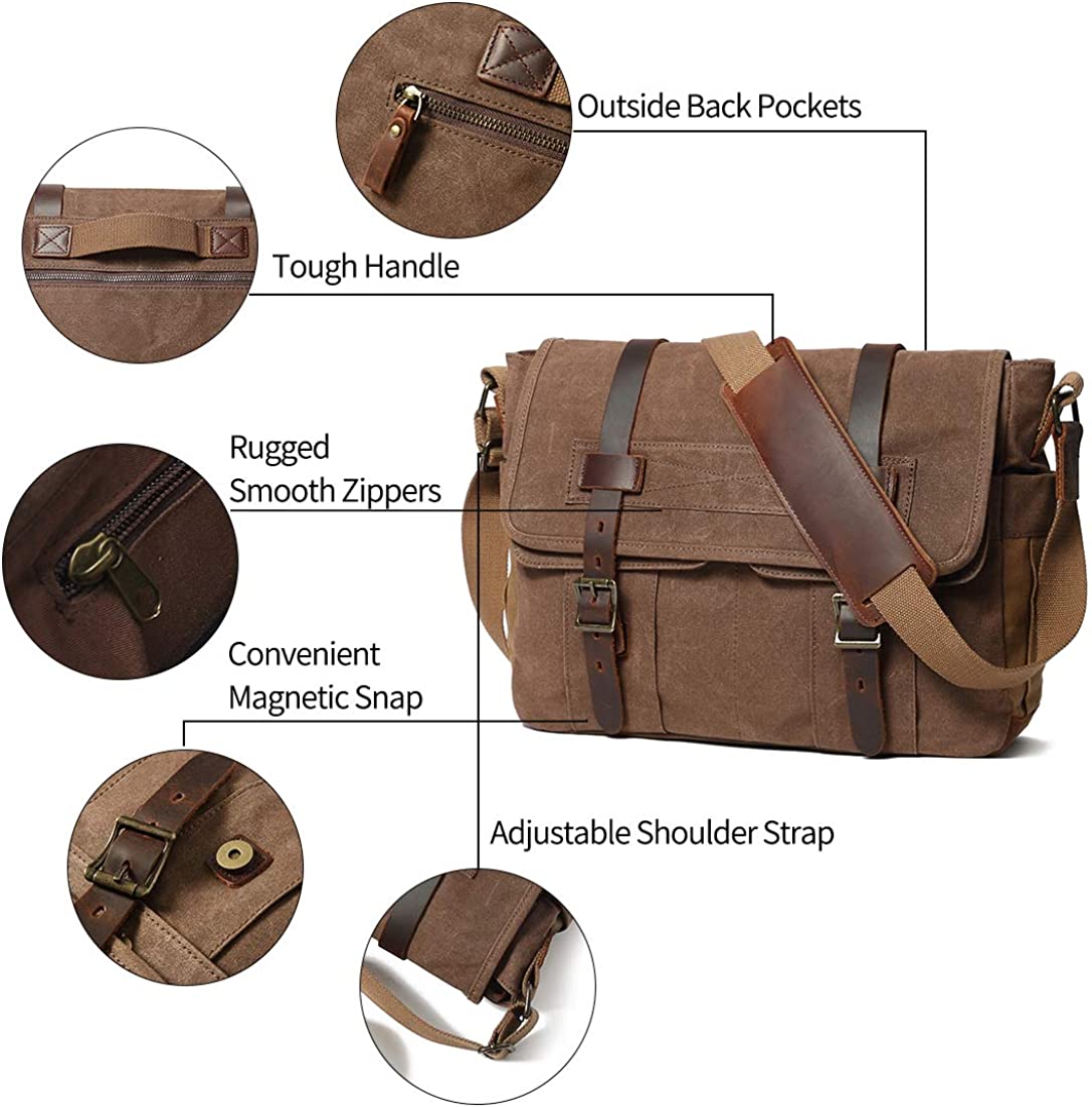 Messenger Bag for Men 15.6 Inch Canvas Laptop Computer Bag Leather Briefcase - Image 4